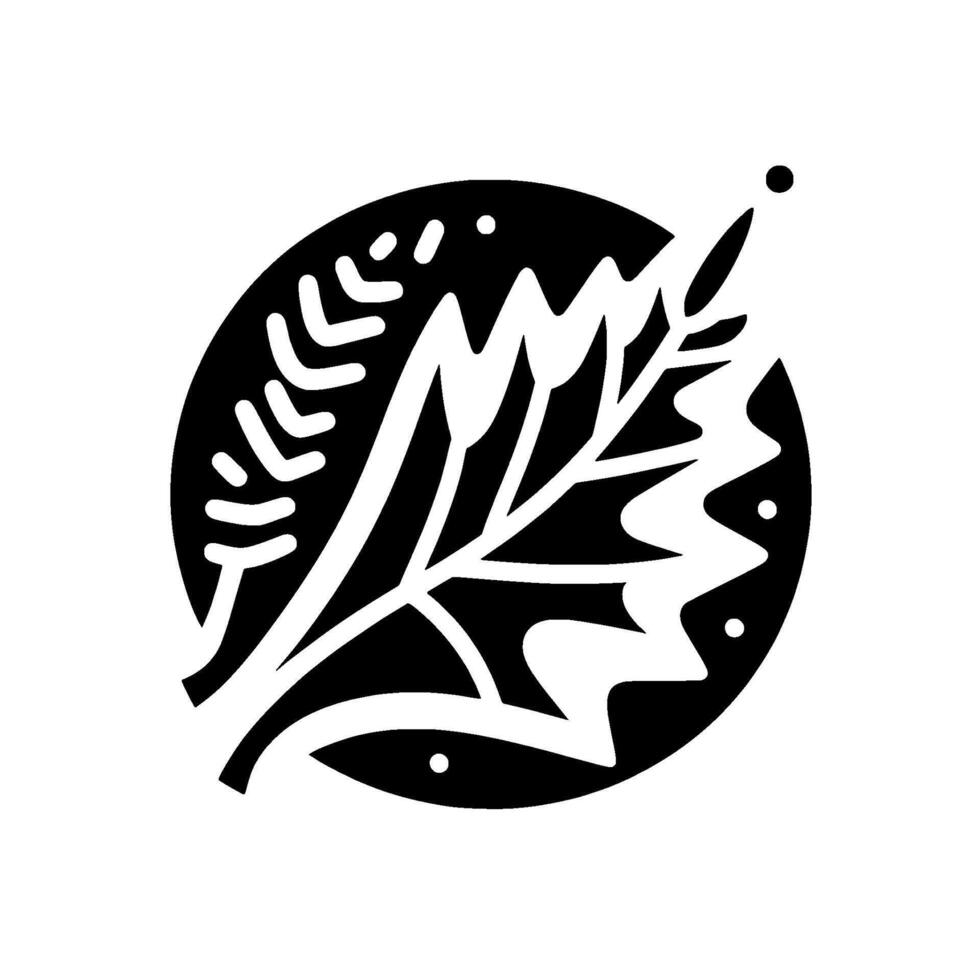 Stylized Black White Circular Emblem Botanical Elements, Wheat, Leaf, Dots, Decorative, Minimalist . vector