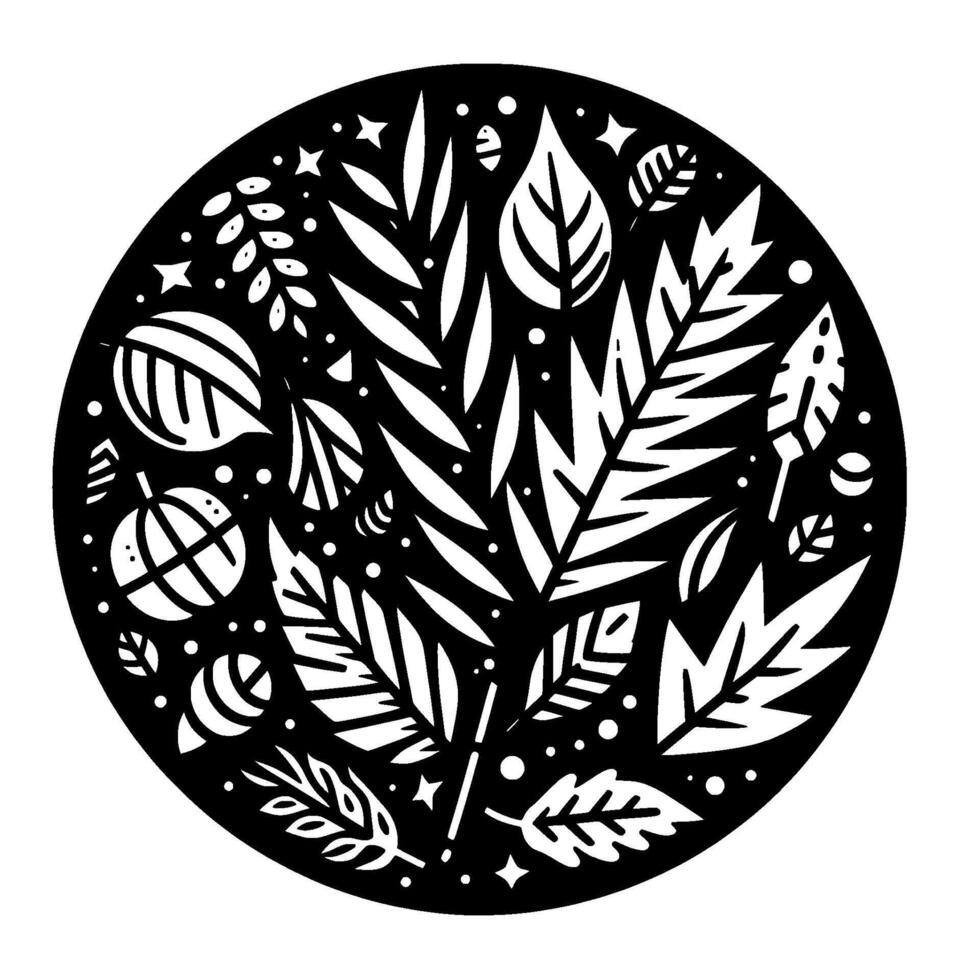 Black and white circular botanical illustration, featuring stylized leaves, branches, stars, and berries in a minimalist style, with dots. vector