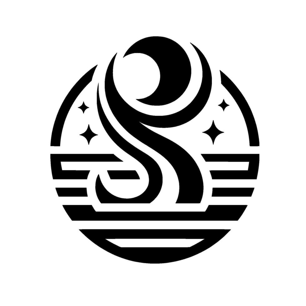 Abstract black and white geometric , featuring stylized letter S with celestial elements like stars and a crescent moon within a circular frame. vector