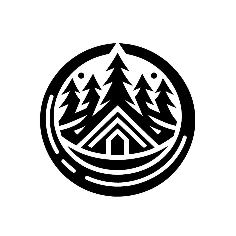 Circular emblem of cabin in woods, stylized illustration of coniferous trees and home, black and white outdoor adventure symbol vector