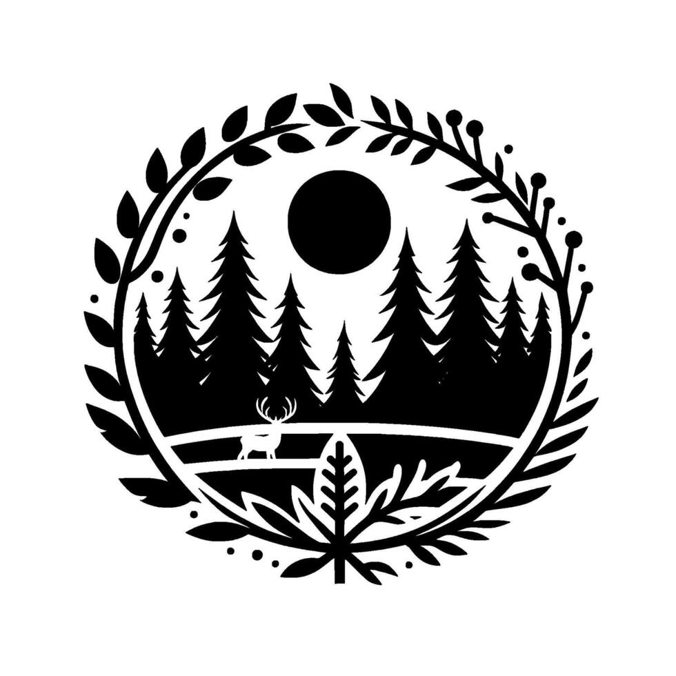 Black and White Circular Nature Illustration Forest, Deer, Moon, and Foliage within a Decorative Frame. vector