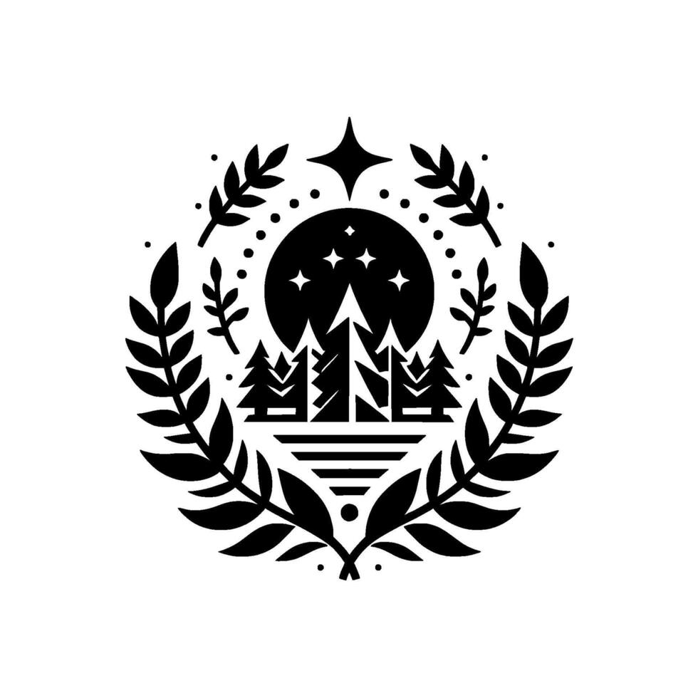 A monochrome emblem of a night landscape, featuring silhouetted trees under a starry moon and encircled by stylized leaves and branches. vector