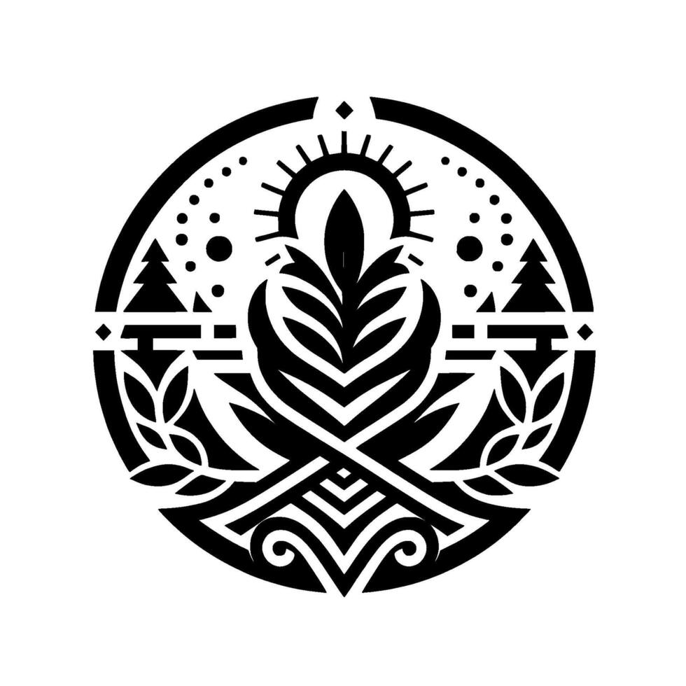 Black and white circular emblem with natural elements stylized leaves, trees, sun, and decorative geometric patterns. vector