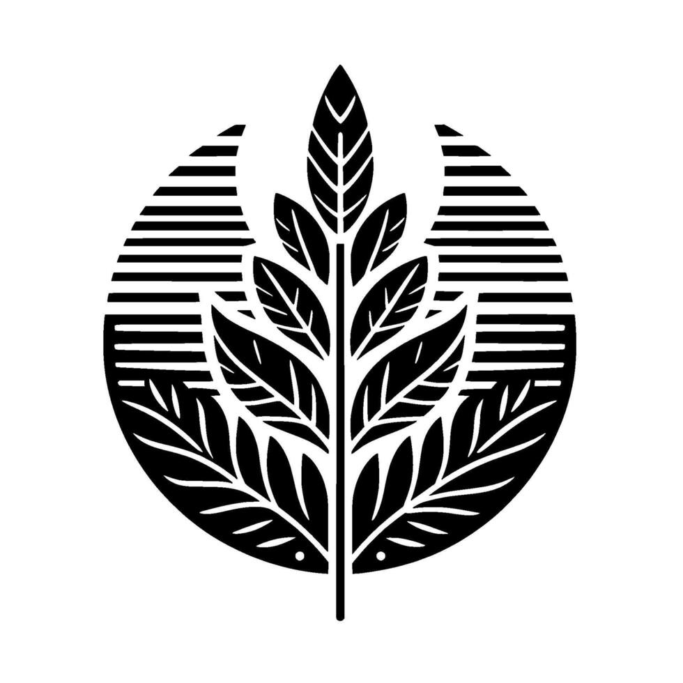 Minimalist Black and White Leafy Branch Emblem Within a Striped Circle, Representing Nature and Growth. vector