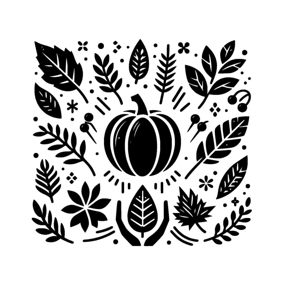 Black and white symmetrical illustration featuring a central pumpkin surrounded by various stylized autumn foliage elements and minimalist decorative details. vector