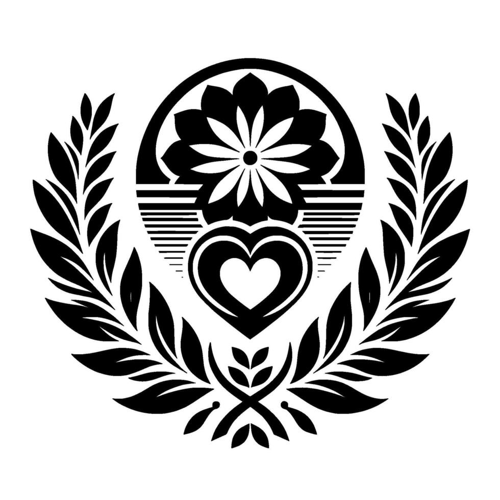 Elegant Black and White Emblem Floral Crest with Heart, Leafy Wreath, Circular Composition, and Decorative Flourishes. vector