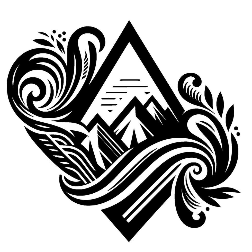 Black and White Mountain NatureInspired Geometric with Swirling Floral Elements and Rhombus Frame. vector