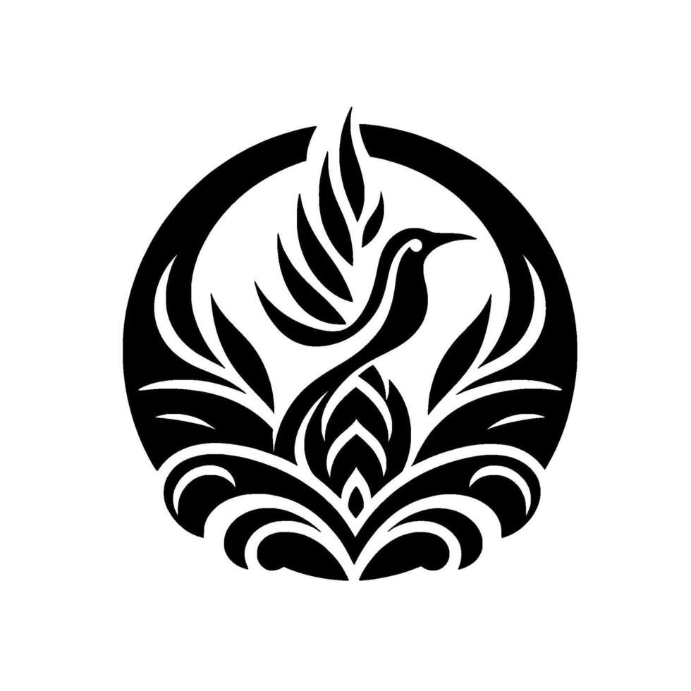 Black and White Bird Motif A stylized bird within a floral, leaflike , enclosed by a circular frame, symbolizing growth and elegance. vector