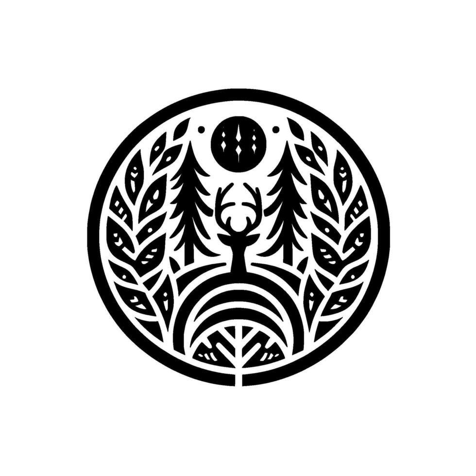 Minimalist Black White Circular Deer, Forest, Trees, and Foliage Silhouette in a Symbolic Composition. vector