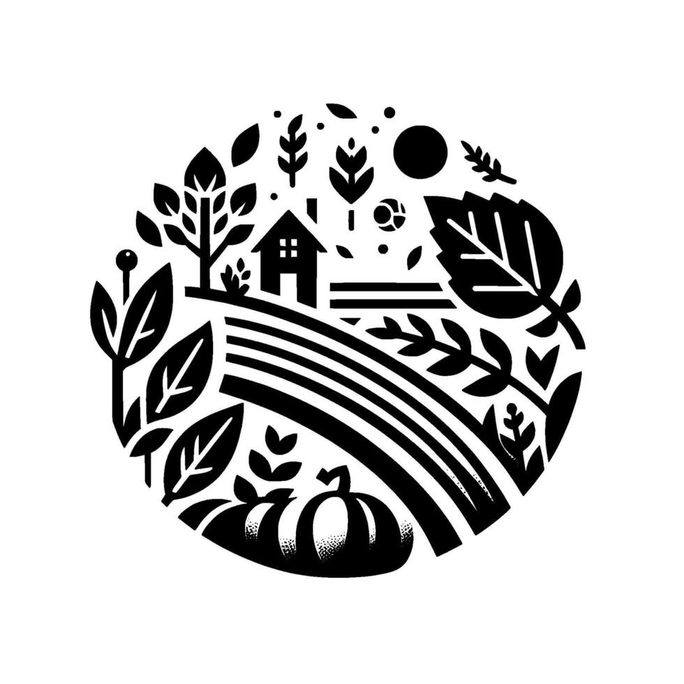 Minimalist Black White Roundel Harvest Scene Depicting House, Fields, Sun, Trees, Pumpkin, Leaves, and Farm Elements in a Clean Style. vector