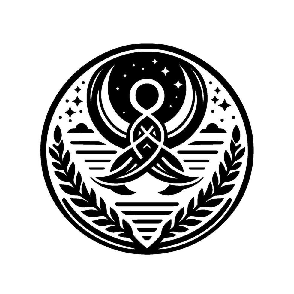 Intricate Black and White Circular Emblem Featuring Celestial Elements, Floral Accents, and Geometric Symbolism. vector