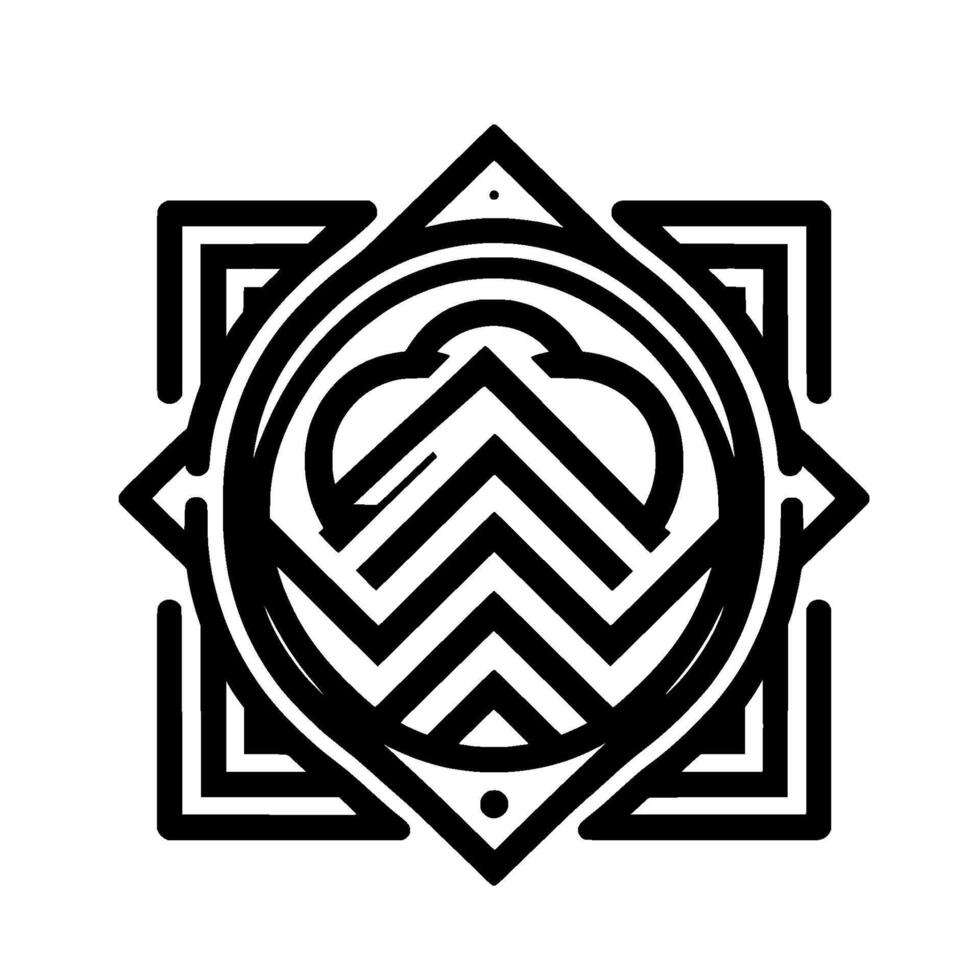 Complex black and white geometric featuring nested shapes, a central mazelike pattern, and a symmetrical starlike outer frame on a white background. vector