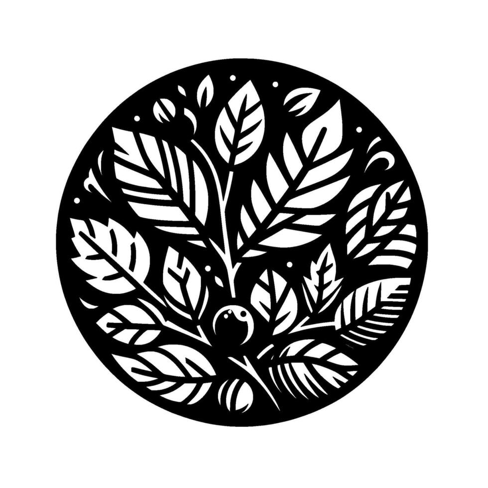 Abstract Black and White Circular Foliage Illustration with Leaves, Berries, and Delicate Details. vector
