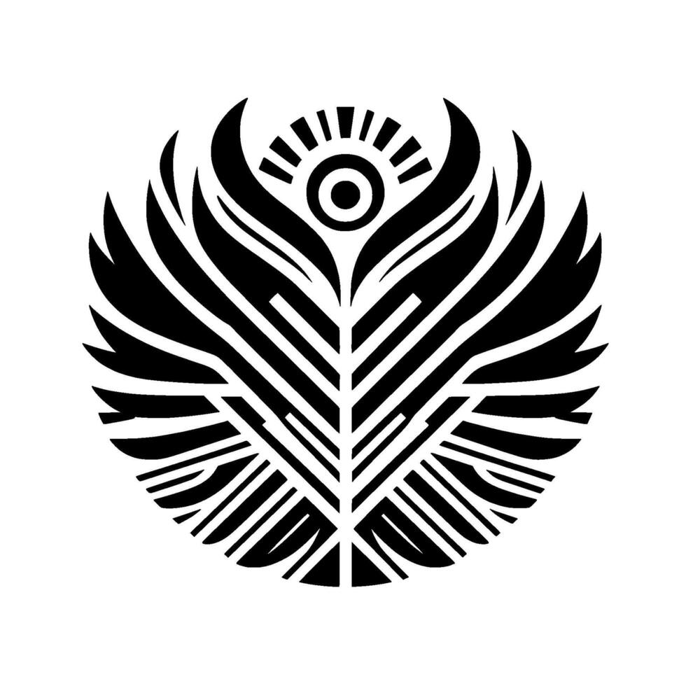 Intricate monochrome abstract illustration of a stylized sun emblem with radiating lines, feathered forms, and a central eye . vector