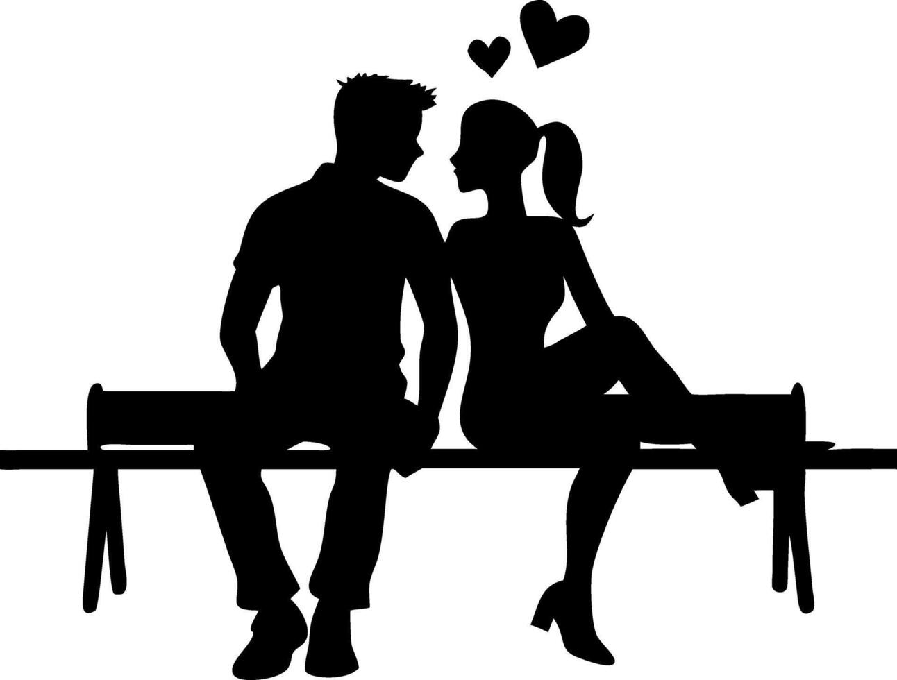 Couple Silhouette Sitting on a Bench with Hearts Symbolizing Love and Romance vector