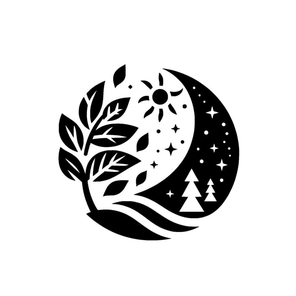 Day and Night Harmony Black and White Circular Illustration of a leafy Tree, Moon, Sun, and Stars in a NatureThemed Composition. vector