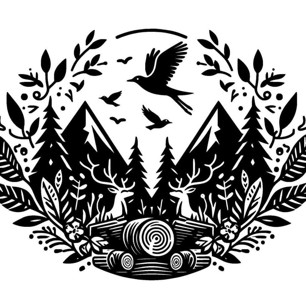 Black and White Nature Illustration Birds, Deer, Mountains, Trees, and Floral Embellishments in a Decorative Oval Frame. vector