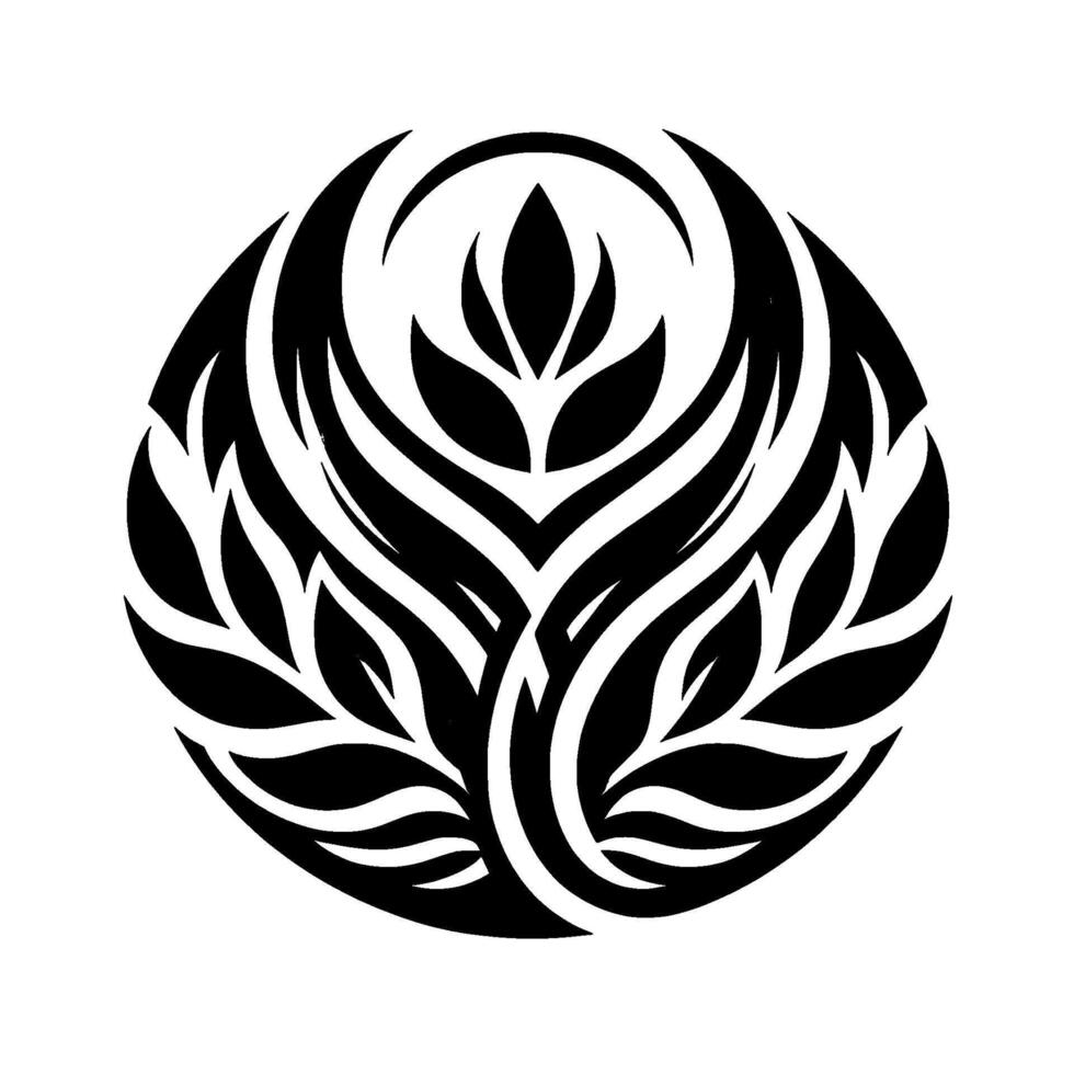 Symmetrical black and white botanical forming a circular pattern with stylized leaves, creating a visually balanced and artistic emblem on a white background. vector