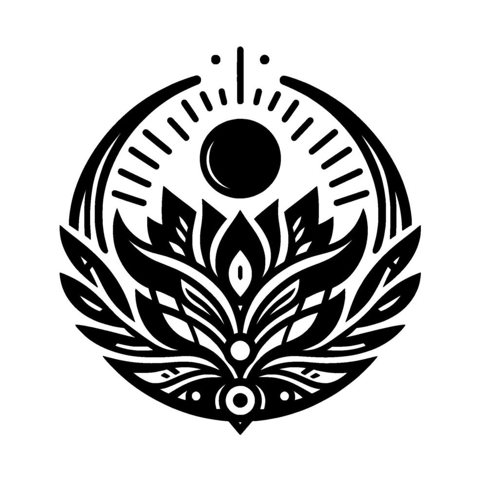 Intricate black and white floral sunburst mandala , with a central flower and stylized sun, set against a pristine white background. vector