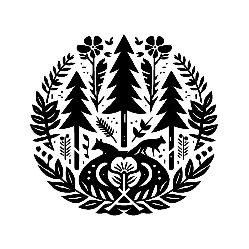 Black and White Circular Illustration of a Forest Scene Featuring Pines, Flowers, Foxes, and Foliage in a Folk Art Style vector