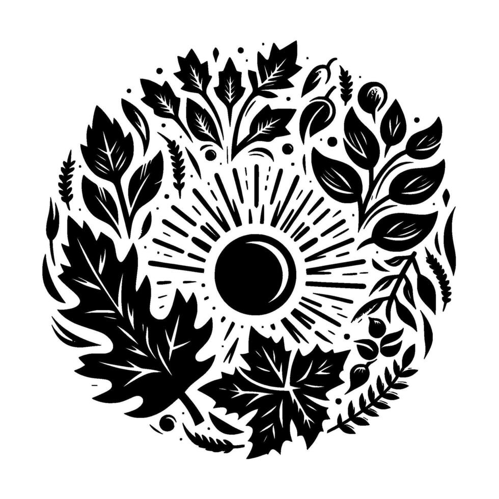 Intricate black and white circular illustration of a radiant sun surrounded by stylized leaves, plants, and natural elements, representing growth and harvest. vector