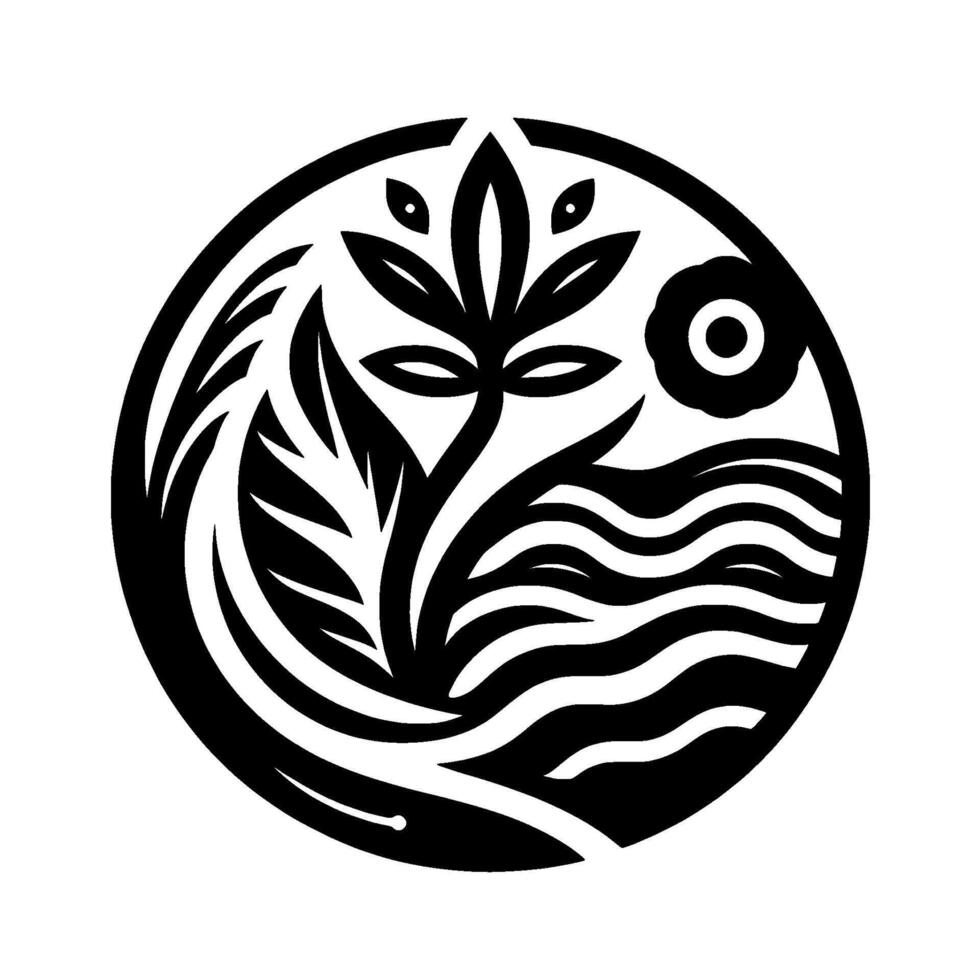 A stylized, black and white circular emblem featuring a central plant flanked by flowing water, a flower, and organic shapes suggesting natures harmony. vector