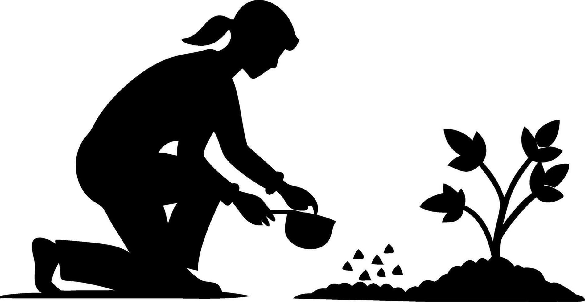 Gardening Silhouette of Woman Planting Seeds and Nurturing Green Plant Growth vector