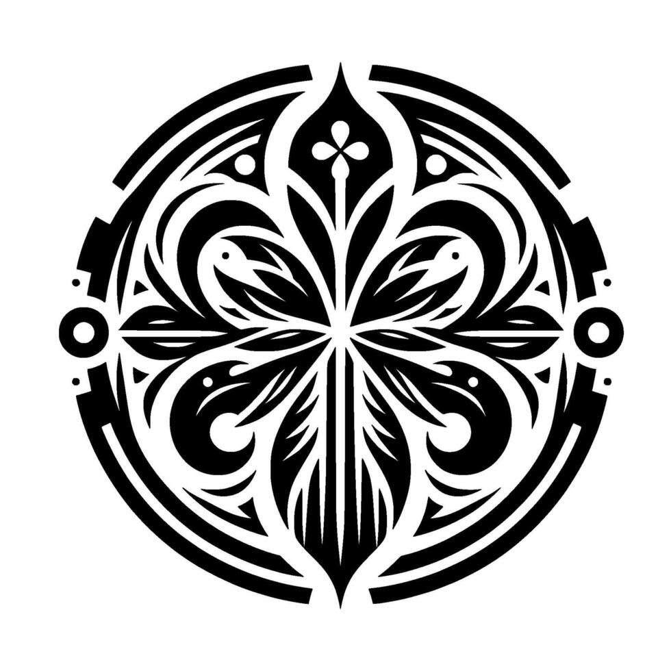 Intricate symmetrical circular black and white tribal tattoo with floral and geometric elements on a white background. vector