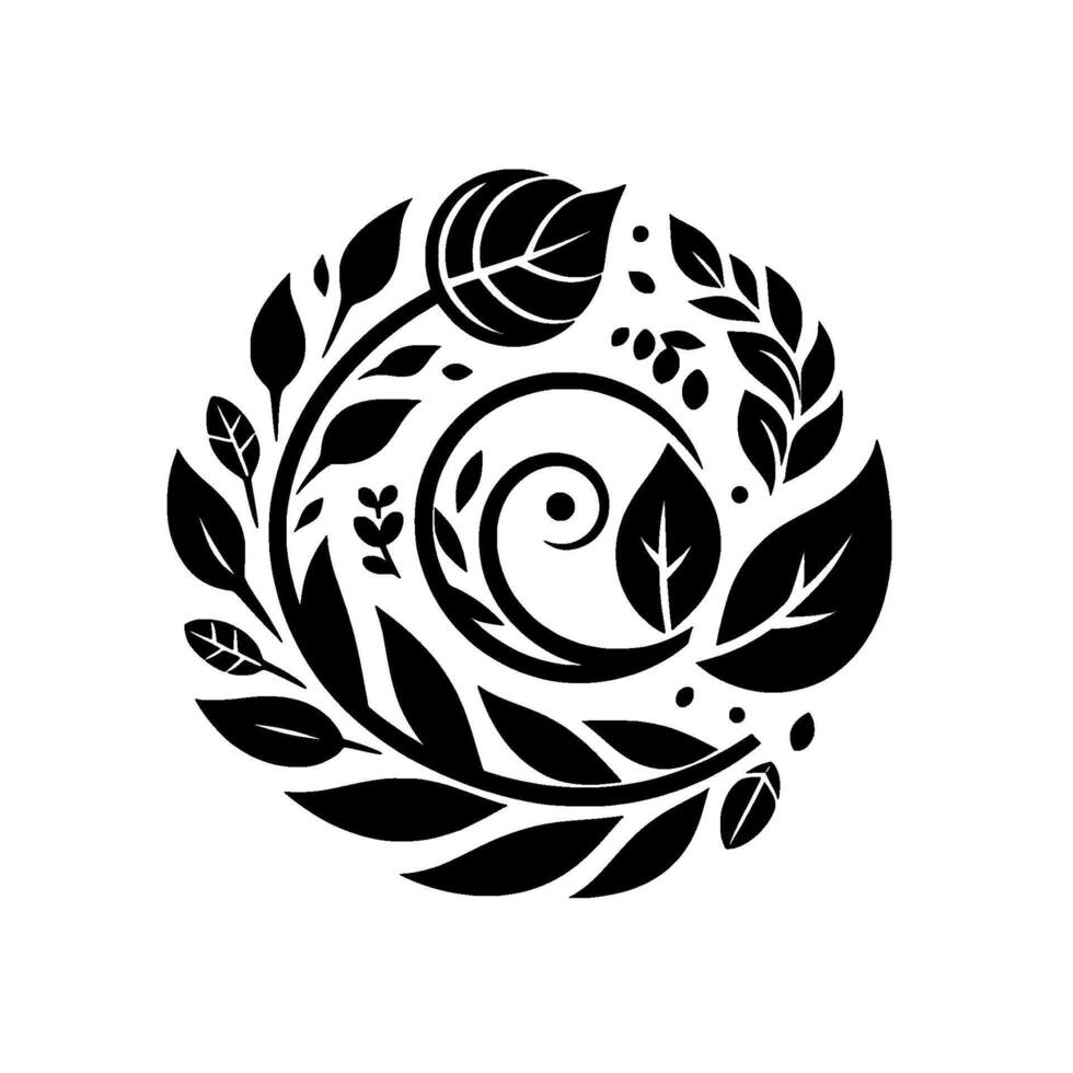 Elegant Black and White Floral Circle Emblem with Leaves, Spirals, and Minimalist Details on White Background, Perfect for Organic Branding. vector
