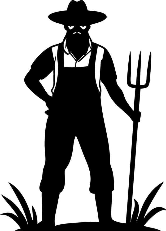 Silhouette of a Strong Male Farmer Holding a Pitchfork in a Rural Landscape vector