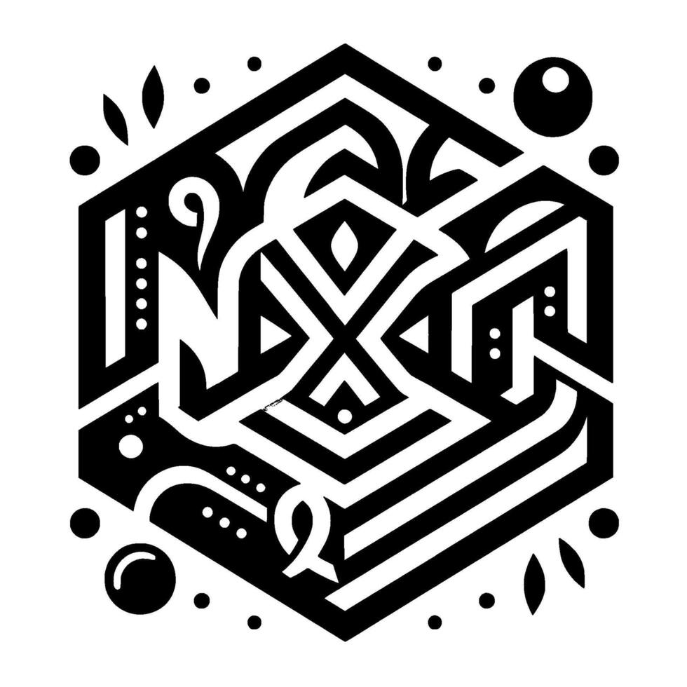 Geometric Hexagon Composition Intricate Black and White with Curvilinear Elements, Ornamental Motifs, and DotLeaf Accents. vector