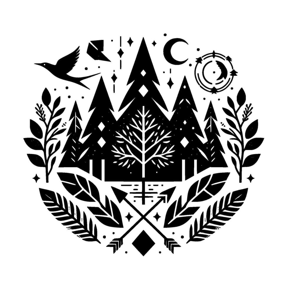 Stylized Black and White Forest Scene with Bird, Moon, Compass, and Arrows within a Circular vector