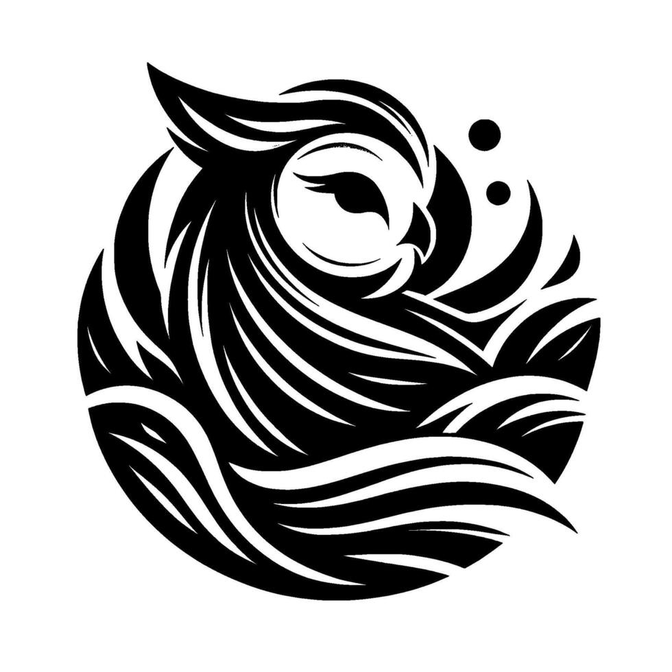 Stylized Black and White Owl in Circular Composition with WaveLike Feathers and Dots, Modern Minimalist . vector