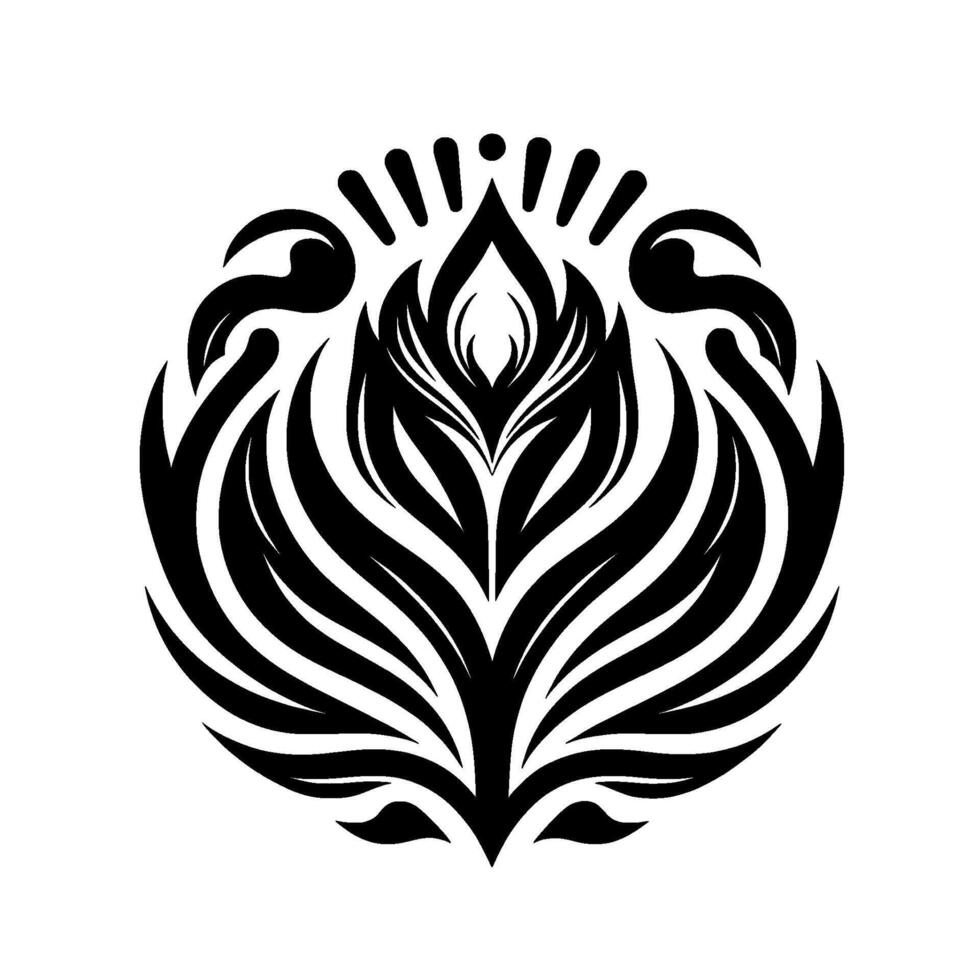 Black and white symmetrical ornamental floral , radiating outwards, with stylized leaves, emanating from a central point, evoking a sense of nature and elegance. vector