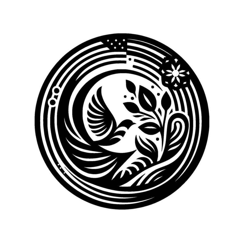 Intricate black and white circular emblem featuring a stylized bird and foliage, symbolic of growth and harmony within a minimalist . vector