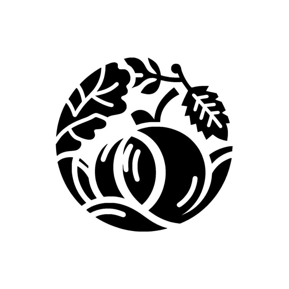 Stylized Black and White Pumpkin Silhouette with Leaves, Circular Composition, Minimalism, Autumnal Harvest Theme. vector