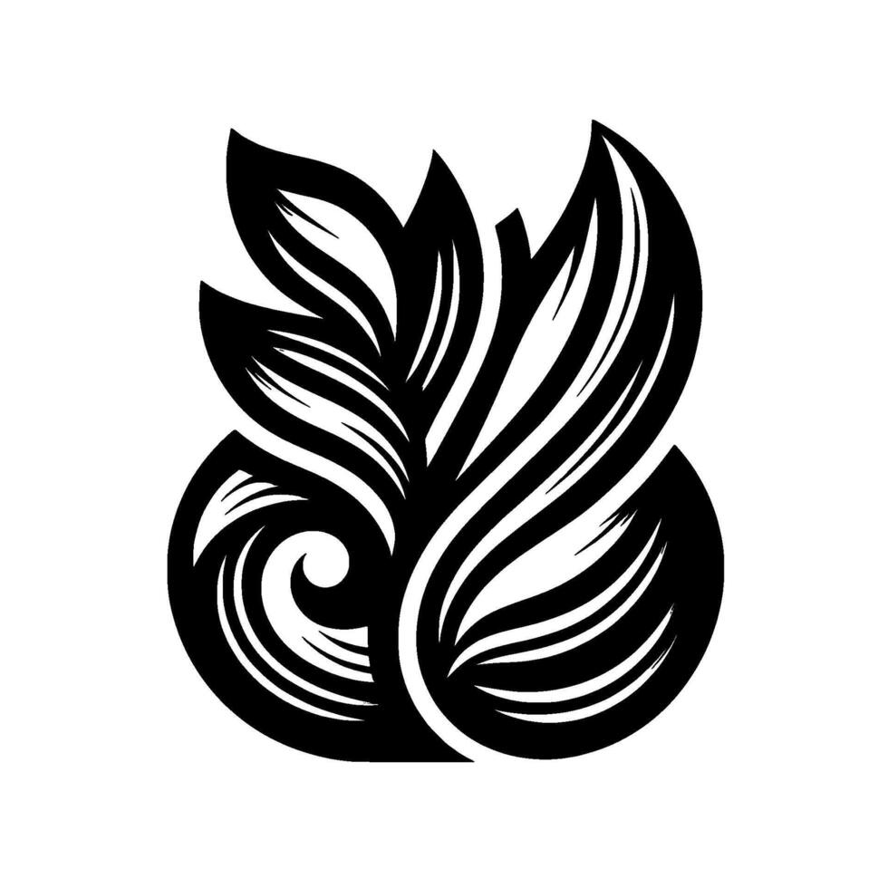 Black and white stylized botanical emblem featuring flowing leaves and a swirling, decorative element, set against a plain white background. vector