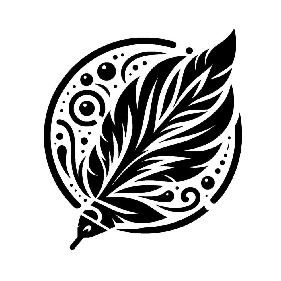 Intricate Black and White Feather within a Decorative Circular Frame, Symbolizing Creativity and Writing. vector
