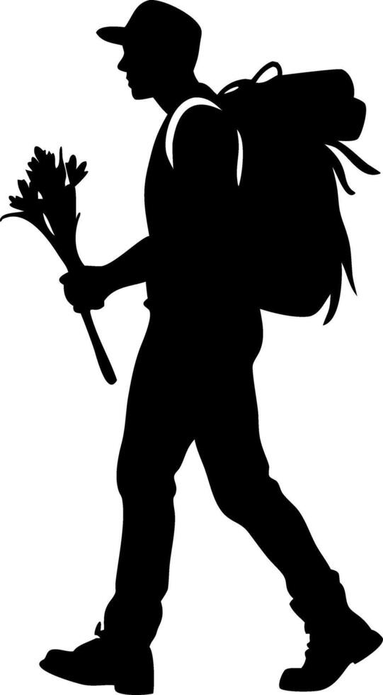 Silhouette of Hiker Carrying Backpack and Holding Flowers Ideal for Outdoor and Nature Themes vector