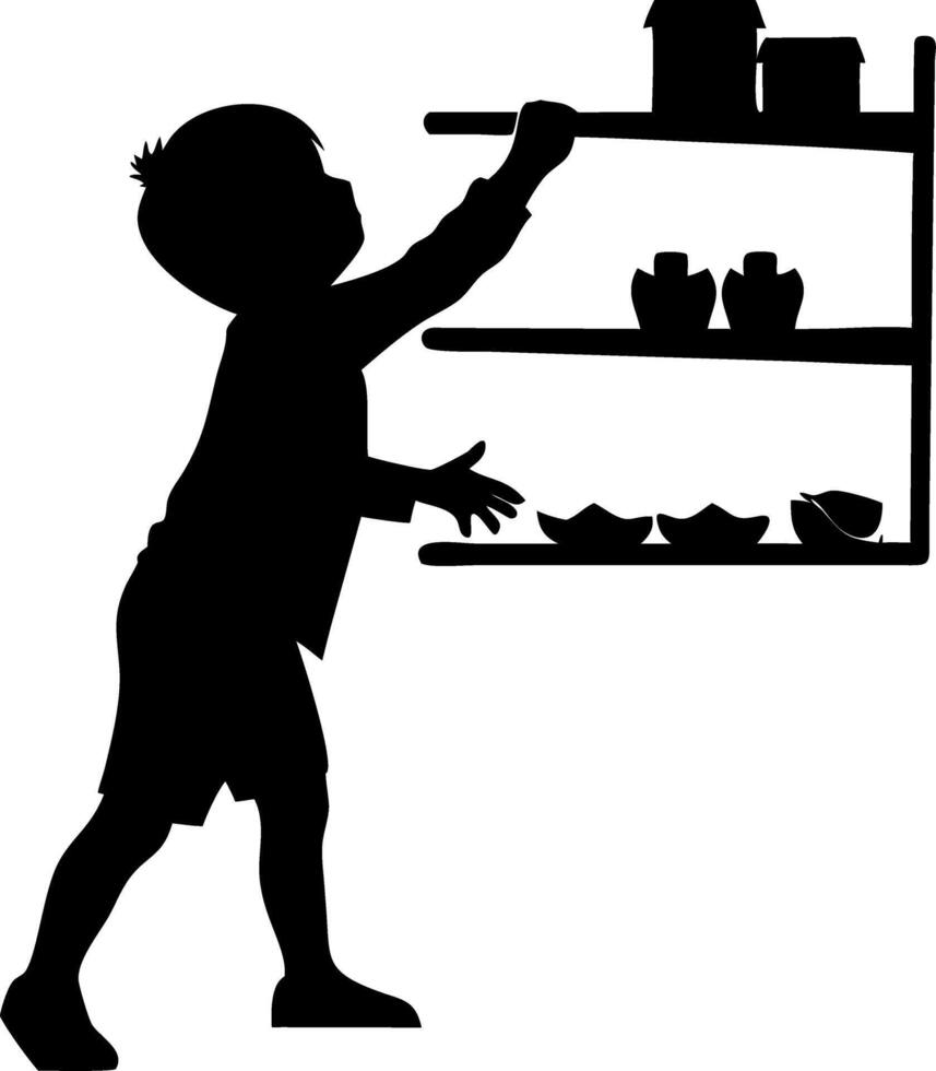 Child Reaching for Toys on a Shelf Playful Silhouette Design for Kids Room Decor vector