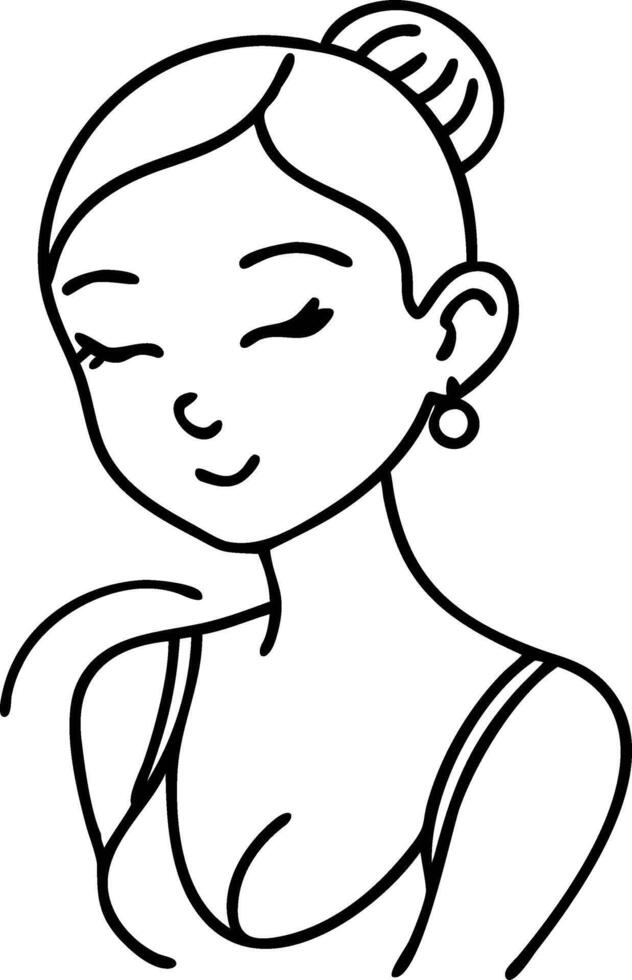 Charming Minimalist Line Drawing of a Smiling Woman with Elegant Bun Hairstyle vector