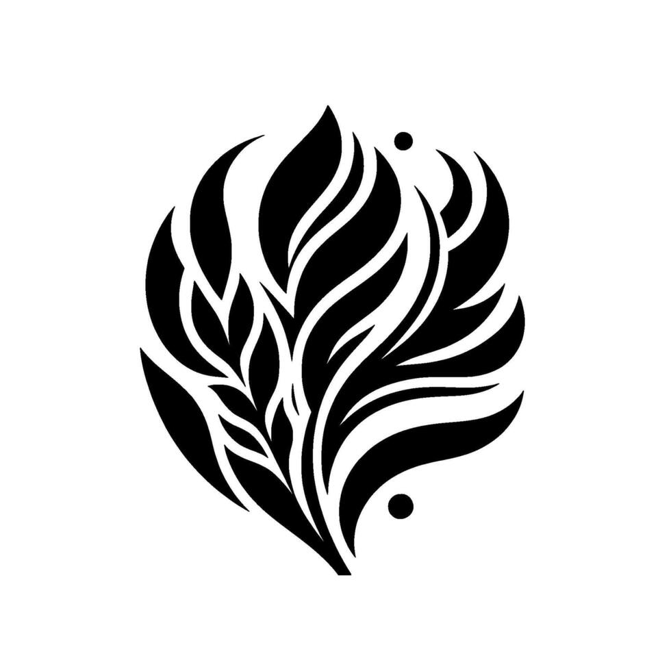 Abstract floral motif in black and white, forming an oval shape with layered leaflike forms and small circles. vector