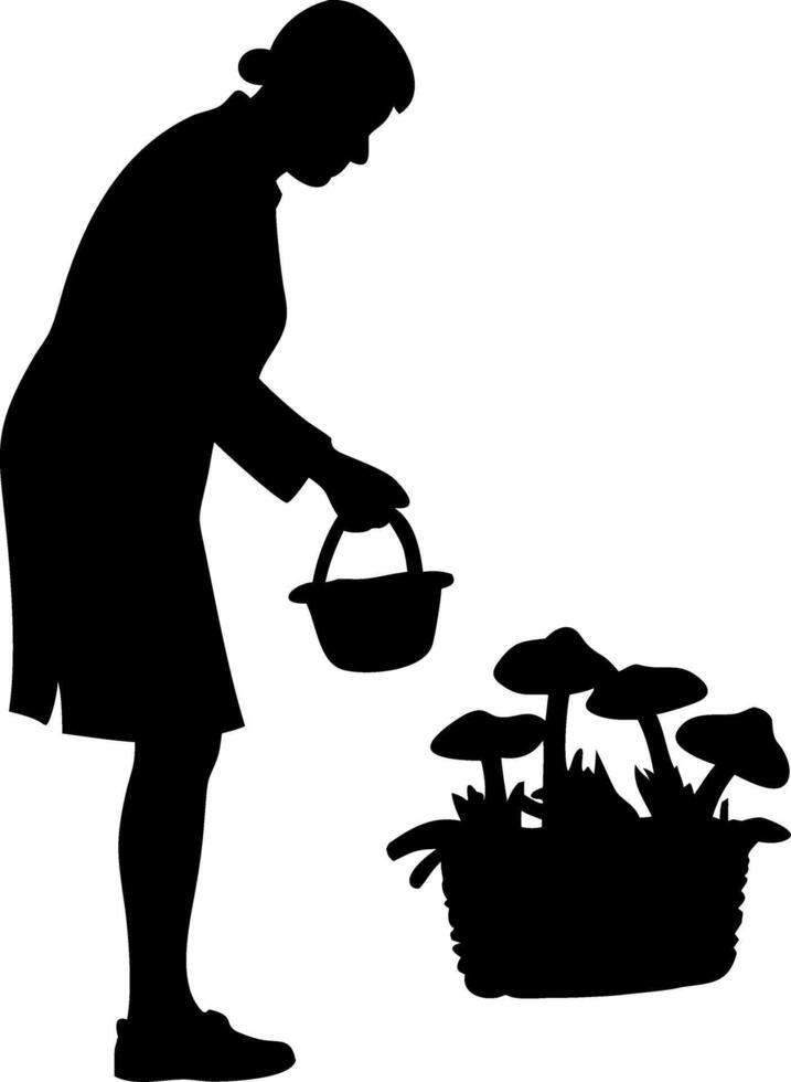 Woman Harvesting Fresh Mushrooms from Garden Basket for Culinary Adventures vector