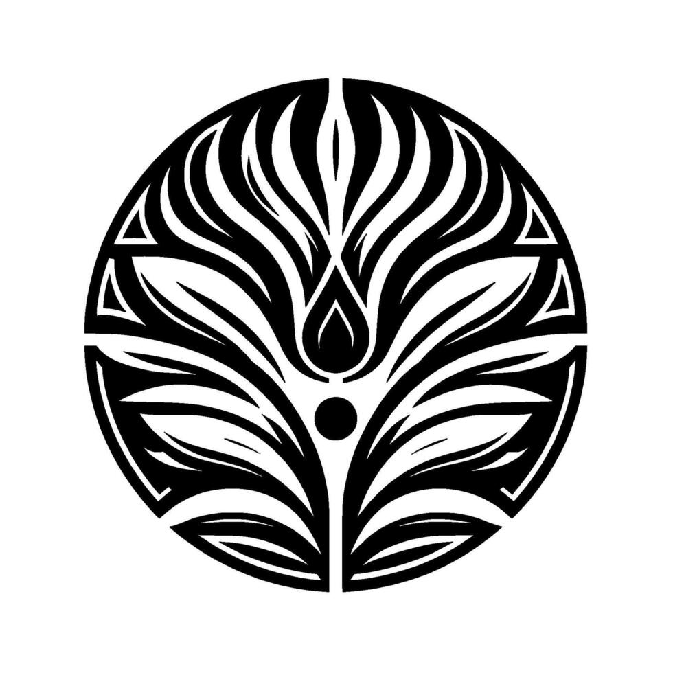 Intricate Floral Emblem A Symmetrical, Black and White with Leaflike Patterns and Geometric Details in a Circular Composition. vector
