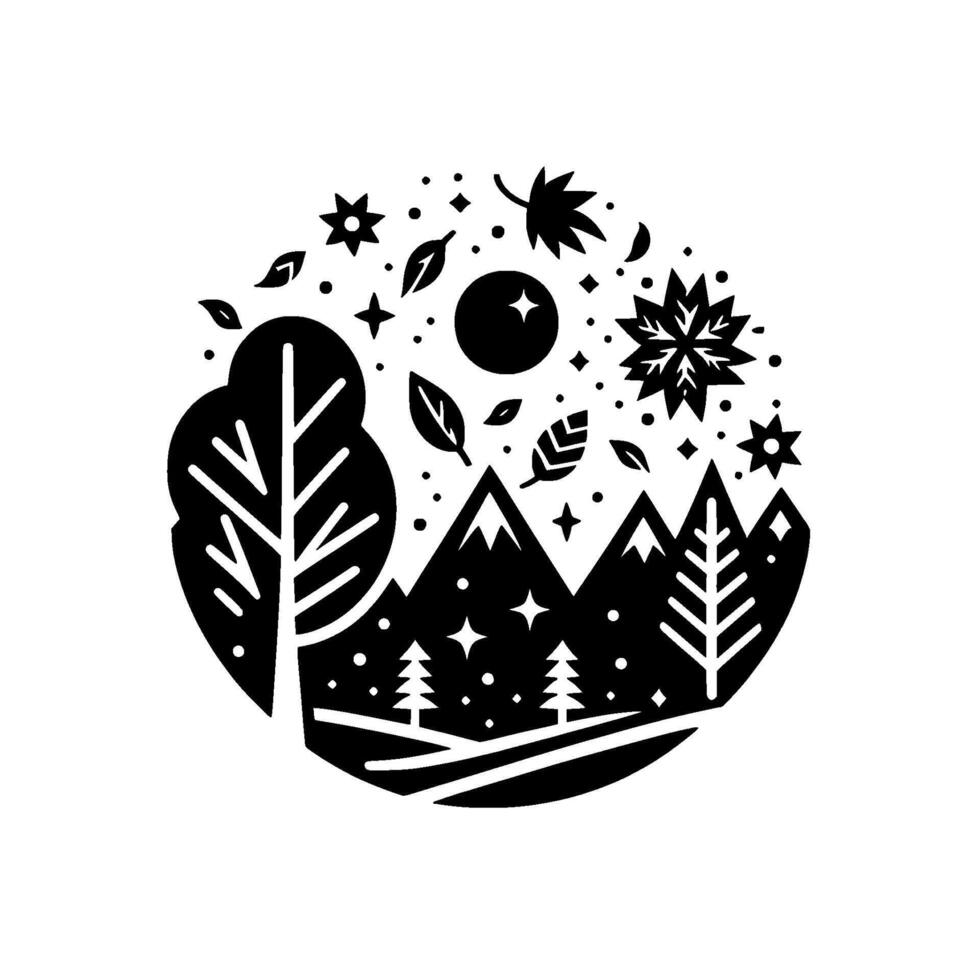 Black and White Circular Illustration Forest Landscape with Mountains, Trees, Stars, Moon, and Leafy Accents, Style vector
