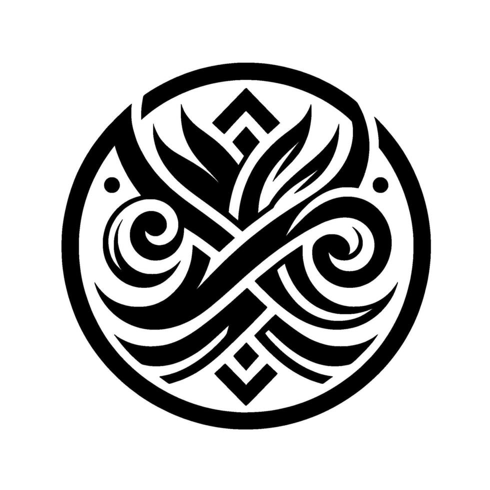 Circular black and white featuring stylized plant and geometric shapes, creating a symmetrical and intricate ornamental pattern within a round border. vector