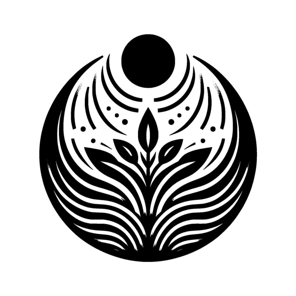 Symmetrical Botanical Emblem A stylized monochrome illustration showcasing plant life within a circular . vector
