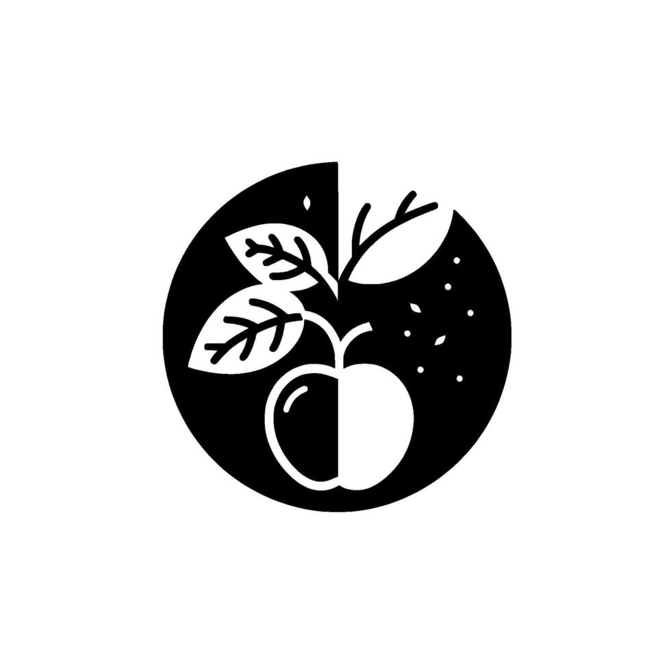 Stylized Black and White Apple Illustration with Leaves and Dots, a symmetrical on a circle. vector