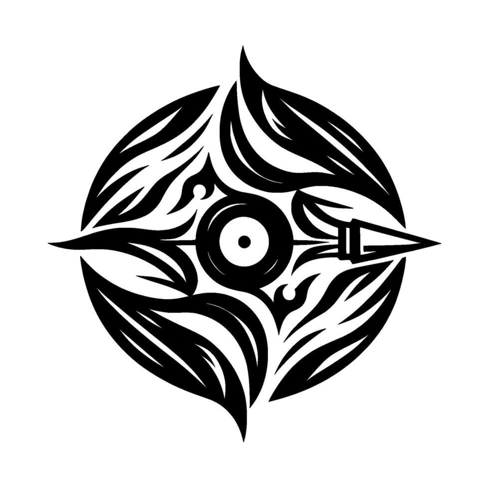 Circular Tribal Tattoo with Arrowhead and Abstract Leaflike Elements in Black and White vector
