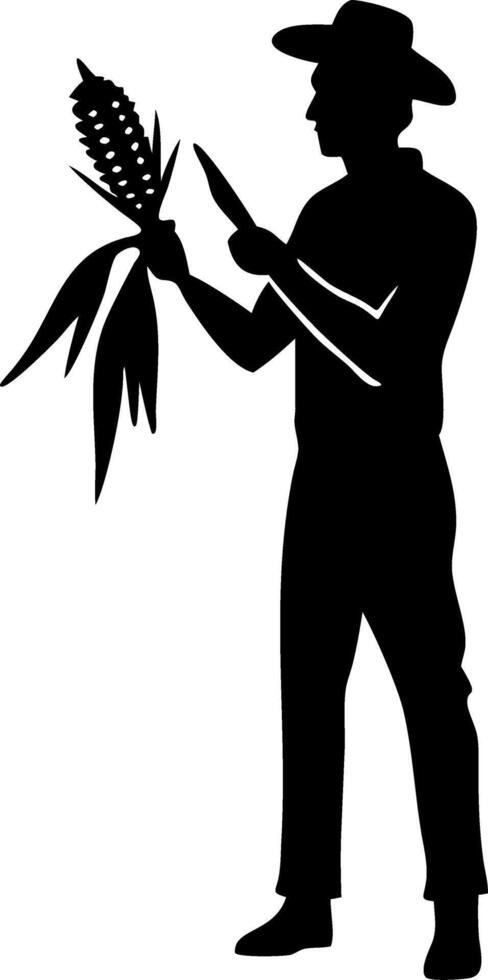 Farmer Holding Fresh Corn with Knife in Silhouette for Agricultural Themed Designs vector
